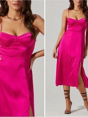 Astr Fushia Satin Midi Slip Dress with Spaghetti Straps